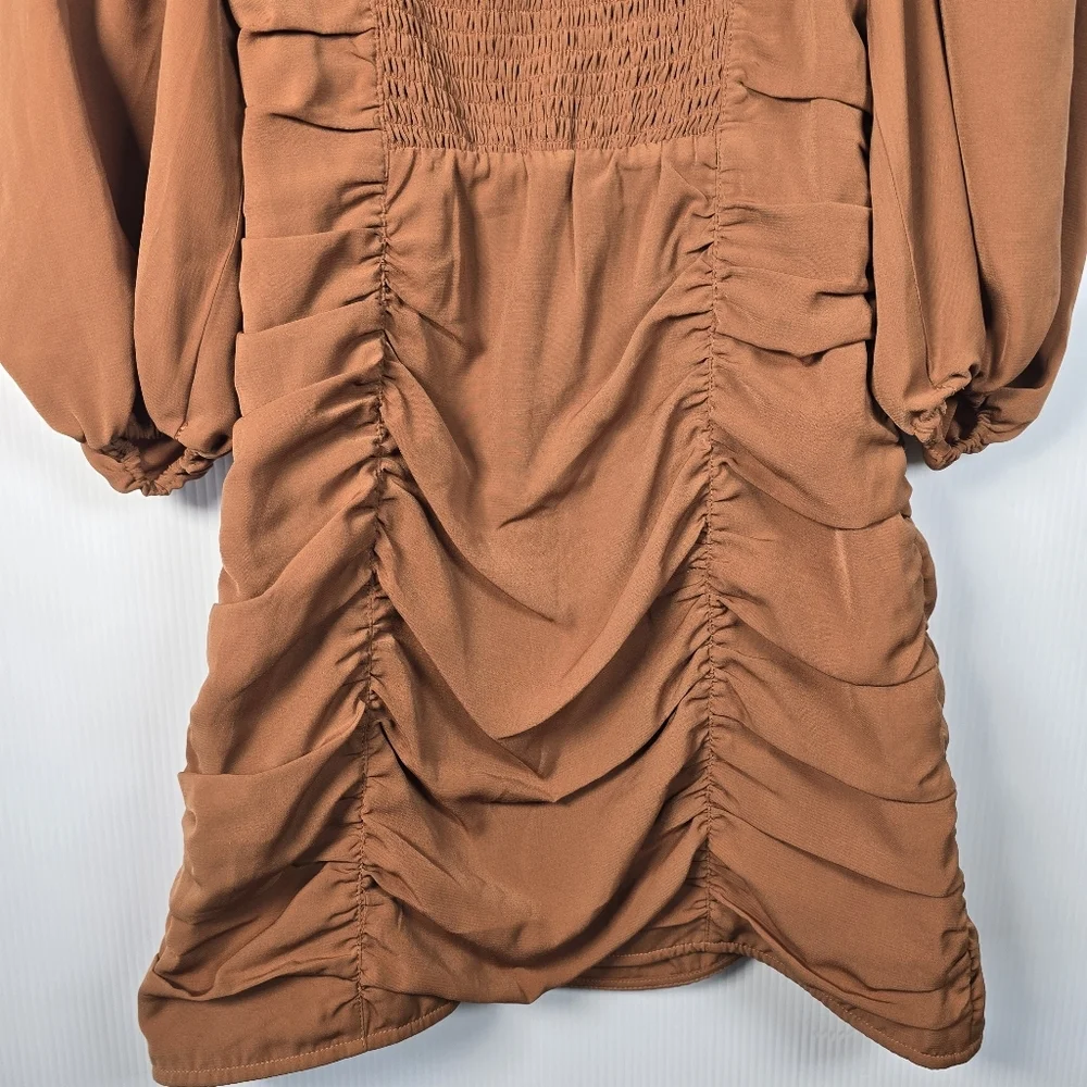 NWT Abercrombie & Fitch Womwn's Ruched Mini Dress Puff Elbow Sleeve Cognac SizeS - Picture 12 of 14